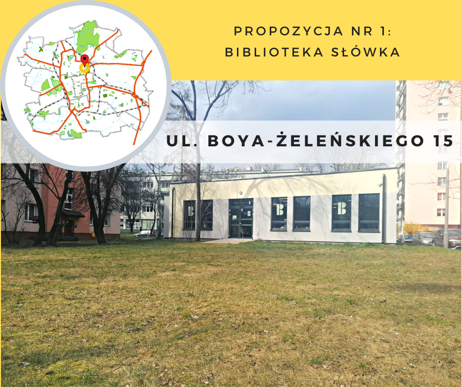 Lokalizacja: skwerek przy Bibliotece Słówka, ul. Boya-Żeleńskiego 15 Teren dostępny dla mieszkańców, otoczony z jednej strony budynkiem Biblioteki, z drugiej zaś chodnikiem i okolicznym osiedlem.